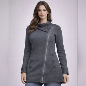 Athleta Sweater Jacket Womens Medium Gray Asym Zip Knit Longline Cardigan